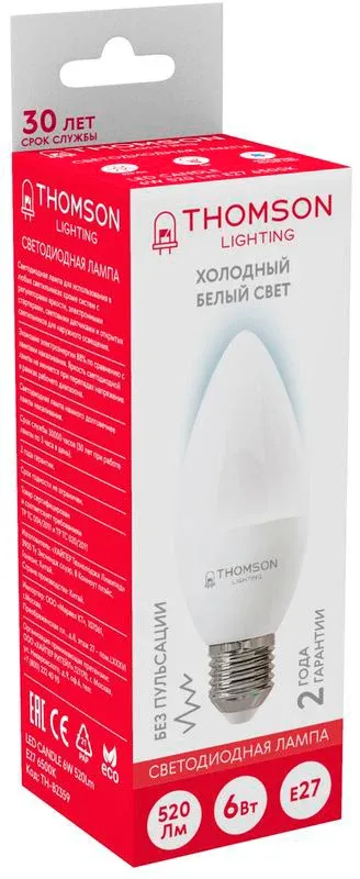 Лампа светодиодная Thomson TH-B2359 6Вт цок.:E27 свеча 220B св.свеч.бел.хол. Candle упак.:1шт - фото 2
