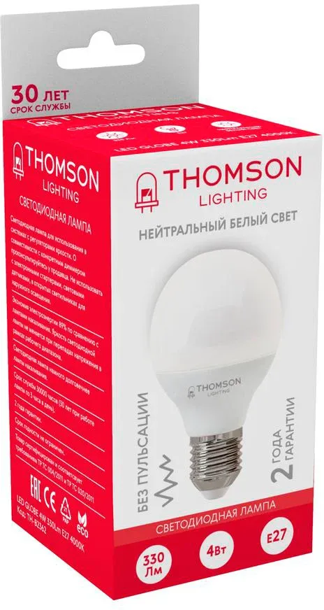 Лампа светодиодная Thomson TH-B2362 4Вт цок.:E27 шар 220B св.свеч.бел.нейт. Globe упак.:1шт - фото 2