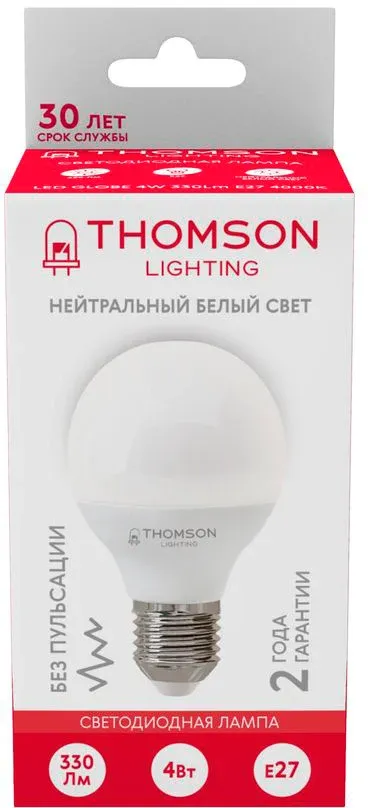 Лампа светодиодная Thomson TH-B2362 4Вт цок.:E27 шар 220B св.свеч.бел.нейт. Globe упак.:1шт - фото 4