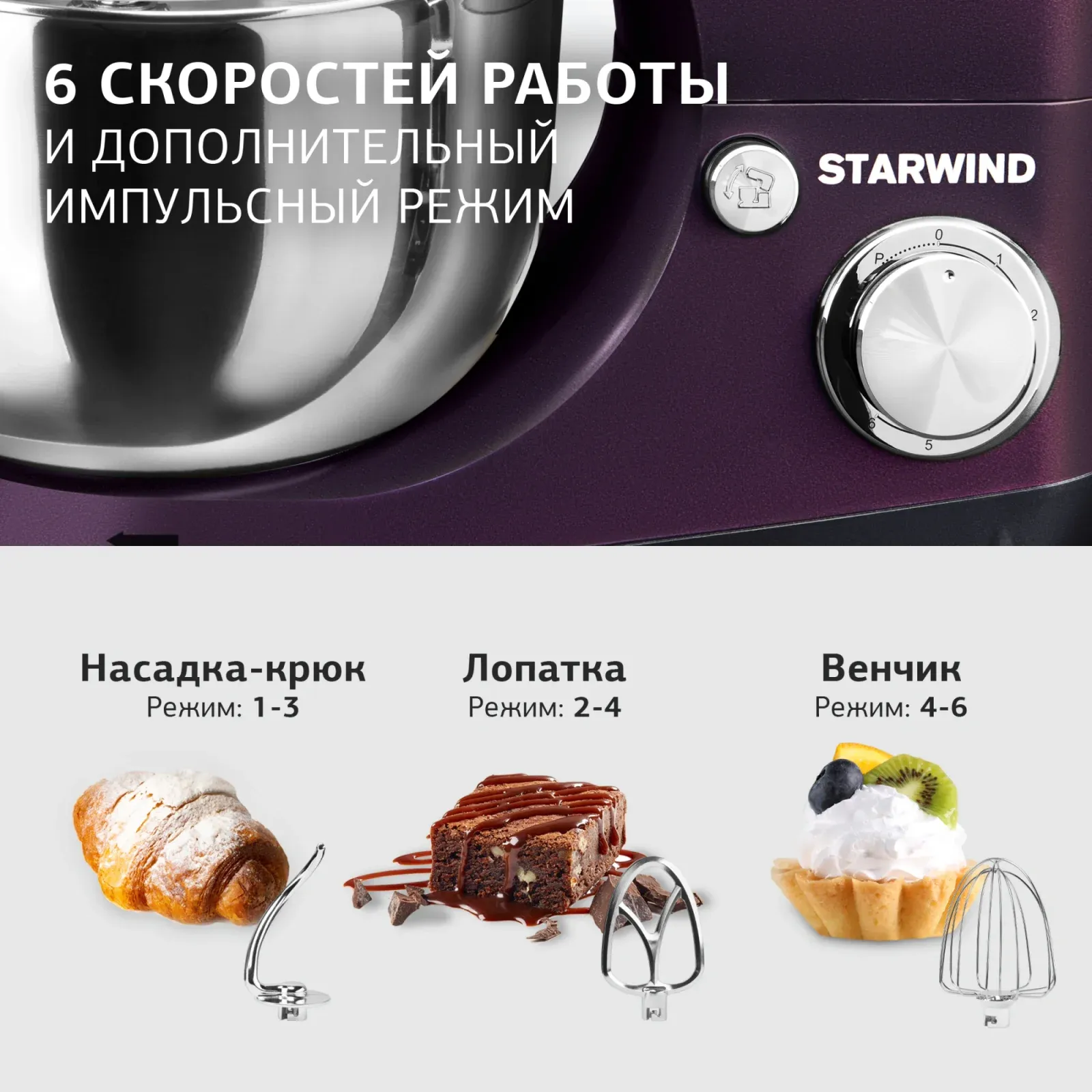 Миксер планетарный Starwind SPM5180 1000Вт ежевичный - фото 4