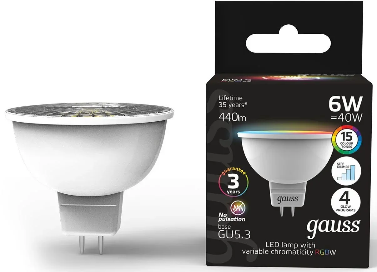 Лампа светодиодная Gauss 101105406 6Вт цок.:GU5.3 софит 175B св.свеч.RGB MR16 упак.:1шт - фото 1