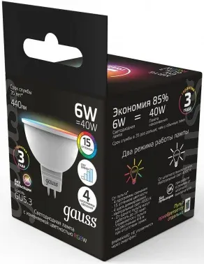Лампа светодиодная Gauss 101105406 6Вт цок.:GU5.3 софит 175B св.свеч.RGB MR16 упак.:1шт - фото 8