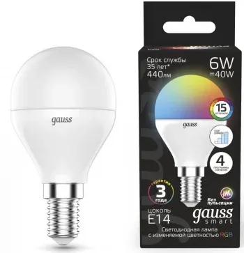 Лампа светодиодная Gauss 105101406 6Вт цок.:E14 шар 220B св.свеч.RGB упак.:1шт - фото 7