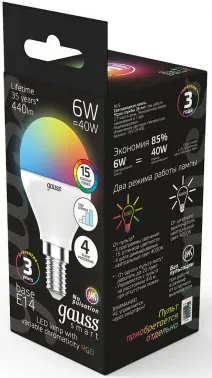 Лампа светодиодная Gauss 105101406 6Вт цок.:E14 шар 220B св.свеч.RGB упак.:1шт - фото 8