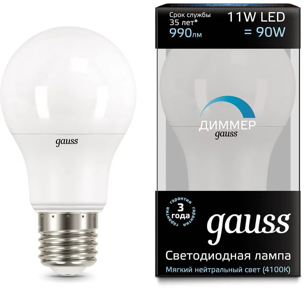 Лампа светодиодная Gauss 102502211-D 11Вт цок.:E27 груша 220B св.свеч.бел.нейт. A60 упак.:1шт - фото 1