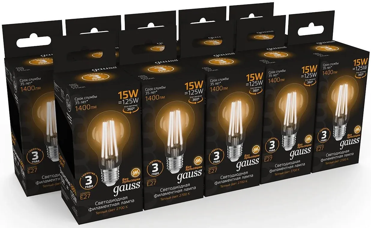 Лампа светодиодная Gauss Filament 102902115 15Вт цок.:E27 груша 220B св.свеч.бел.теп. упак.:1шт - фото 4