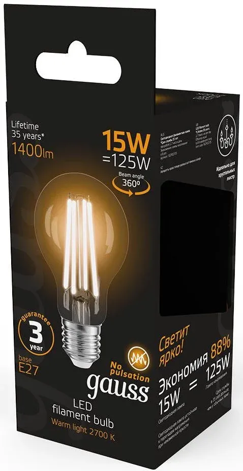 Лампа светодиодная Gauss Filament 102902115 15Вт цок.:E27 груша 220B св.свеч.бел.теп. упак.:1шт - фото 7