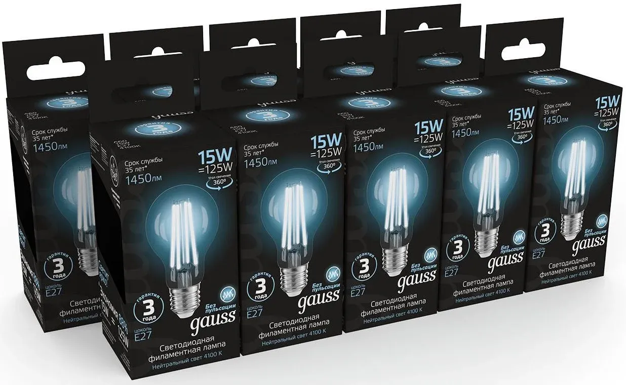 Лампа светодиодная Gauss Filament 102902215 15Вт цок.:E27 груша 220B св.свеч.бел.нейт. упак.:1шт - фото 4