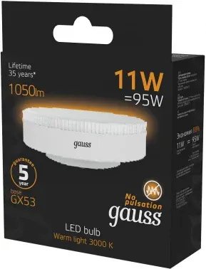 Лампа светодиодная Gauss 108008111 11Вт цок.:GX53 таблетка 220B св.свеч.бел.теп. упак.:1шт - фото 7