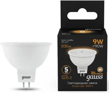 Лампа светодиодная Gauss 101505109 9Вт цок.:GU5.3 рефлек. 150B св.свеч.бел.теп. MR16 упак.:1шт - фото 8