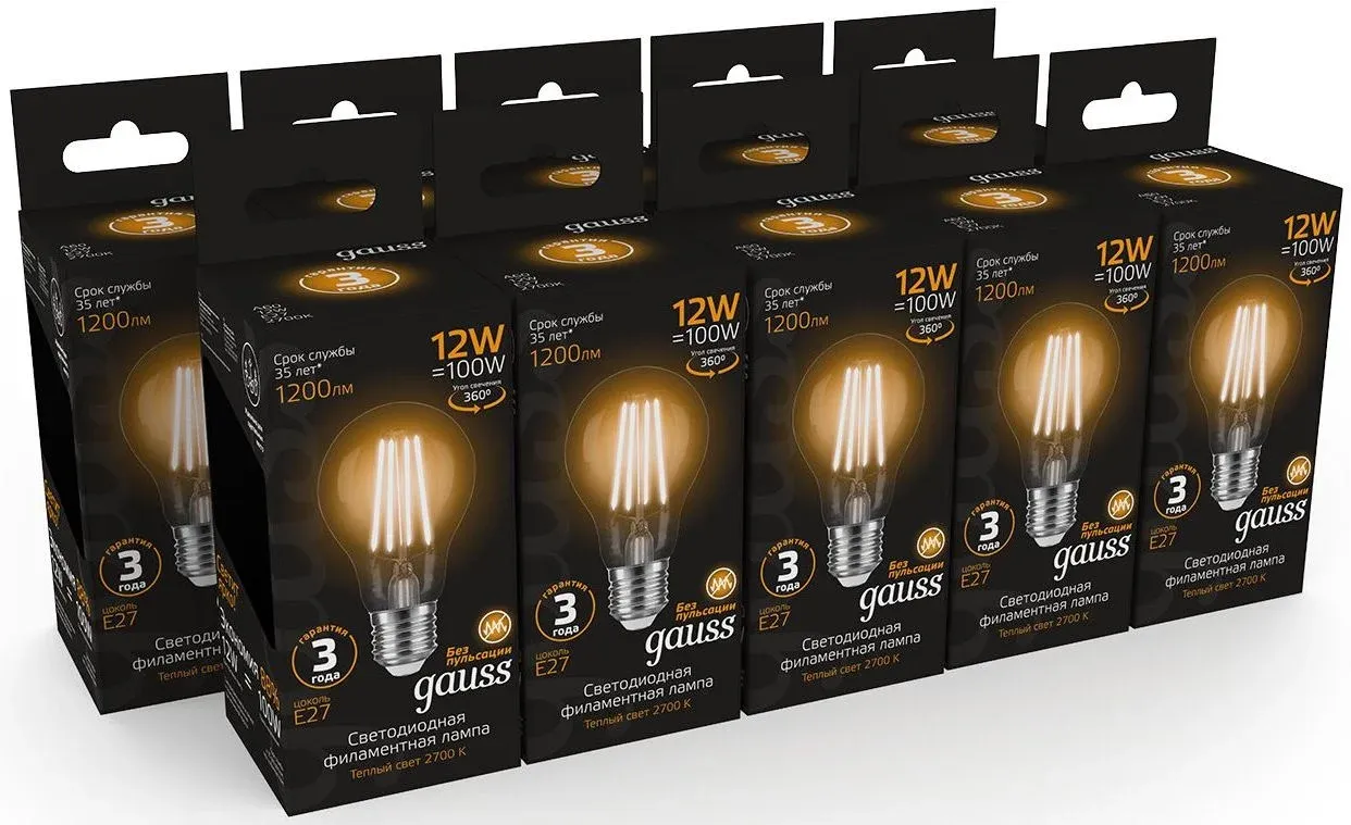 Лампа светодиодная Gauss Filament 102902112 12Вт цок.:E27 груша 185B св.свеч.бел.теп. грушевидная упак.:1шт - фото 4