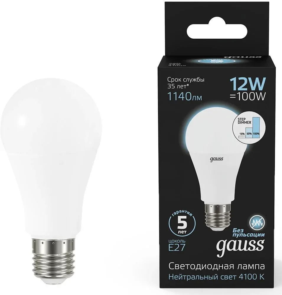Лампа светодиодная Gauss 102502212-S 12Вт цок.:E27 груша 150B св.свеч.бел.нейт. грушевидная упак.:1шт - фото 3