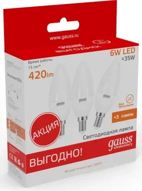 Лампа светодиодная Gauss Elementary 33116T 6Вт цок.:E14 свеча 180B св.свеч.бел.теп. упак.:3шт - фото 8