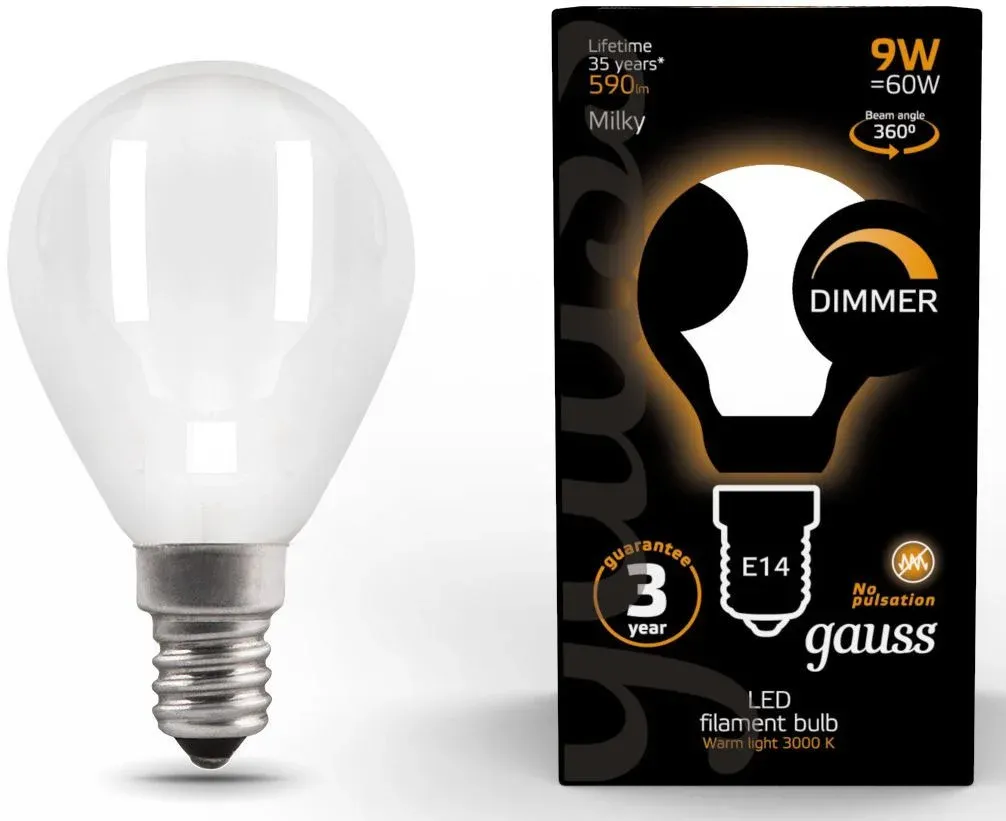 Лампа светодиодная Gauss Filament 105201109-D 9Вт цок.:E14 шар 220B св.свеч.бел.теп. упак.:10шт - фото 3