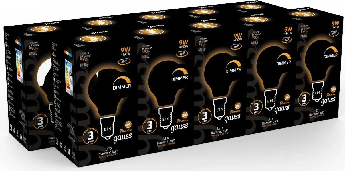 Лампа светодиодная Gauss Filament 105201109-D 9Вт цок.:E14 шар 220B св.свеч.бел.теп. упак.:10шт - фото 4