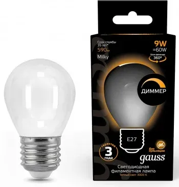 Лампа светодиодная Gauss Filament 105202109-D 9Вт цок.:E27 шар 220B св.свеч.бел.теп. упак.:10шт - фото 8
