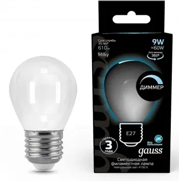 Лампа светодиодная Gauss Filament 105202209-D 9Вт цок.:E27 шар 220B св.свеч.бел.нейт. упак.:10шт - фото 6