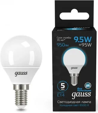 Лампа светодиодная Gauss 105101310 9.5Вт цок.:E14 шар 220B св.свеч.бел.хол. упак.:10шт - фото 8