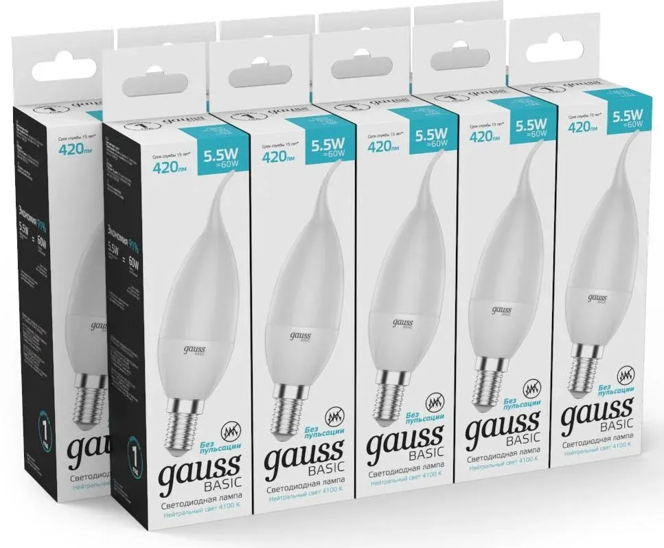 Лампа светодиодная Gauss Basic 1034116 5.5Вт цок.:E14 свеча 180B св.свеч.бел.теп. упак.:10шт - фото 3