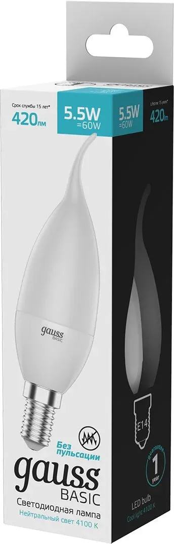 Лампа светодиодная Gauss Basic 1034116 5.5Вт цок.:E14 свеча 180B св.свеч.бел.теп. упак.:10шт - фото 6