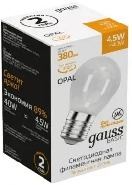 Лампа светодиодная Gauss Basic 1055215 4.5Вт цок.:E27 шар 220B св.свеч.бел.теп. упак.:10шт - фото 2