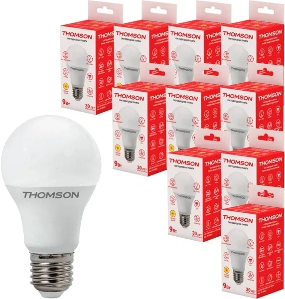 Лампа светодиодная Thomson B2003 9Вт цок.:E27 груша 220B св.свеч.бел.теп. A60 упак.:10шт TH-B2003-10 - фото 2