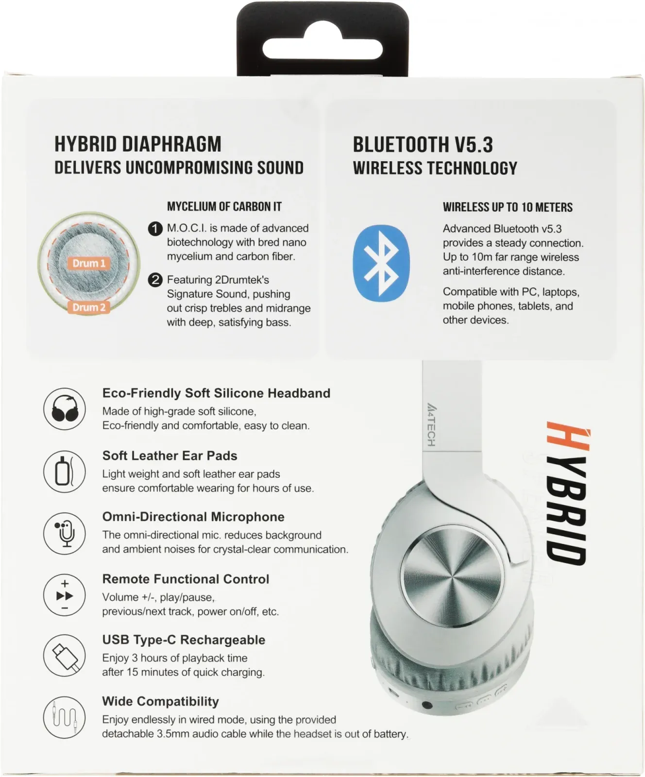 Наушники мониторные A4Tech 2Drumtek BH300 1м белый/серый беспроводные bluetooth оголовье BH300 GRAYISH WHITE - фото 2