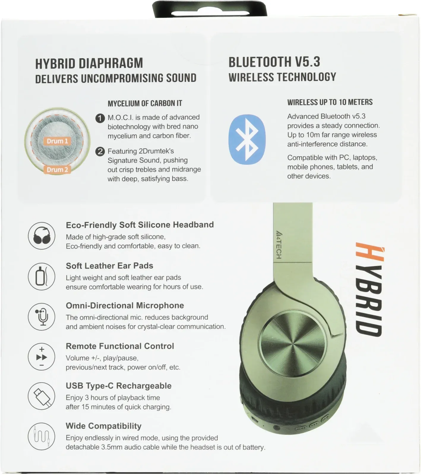 Наушники мониторные A4Tech 2Drumtek BH300 1м зеленый беспроводные bluetooth оголовье BH300 MATCHA GREEN - фото 2