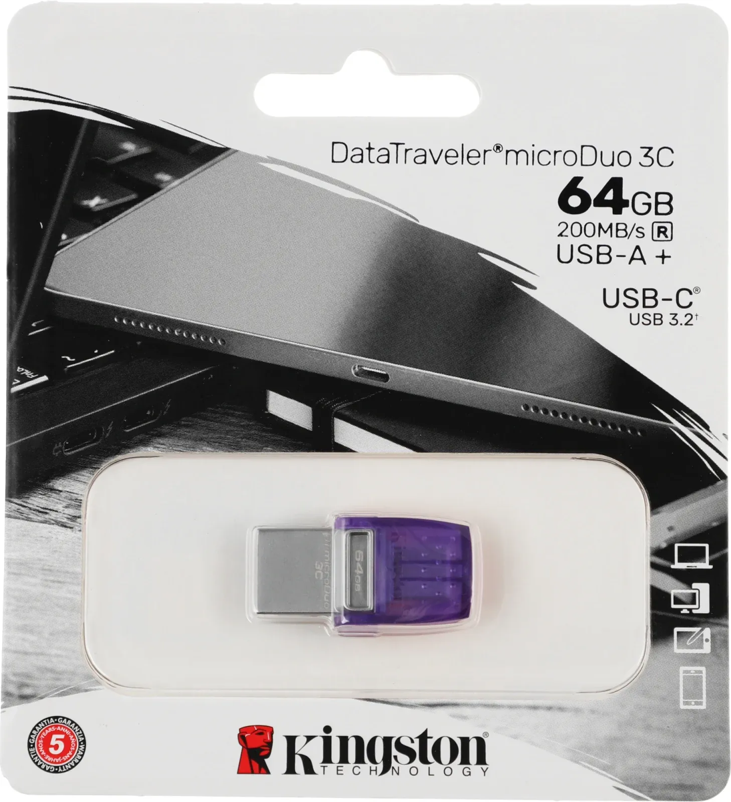Флеш Диск Kingston 64Gb DataTraveler microDuo 3C DTDUO3CG3/64GB USB3.0 фиолетовый, 64 ГБ - фото 3
