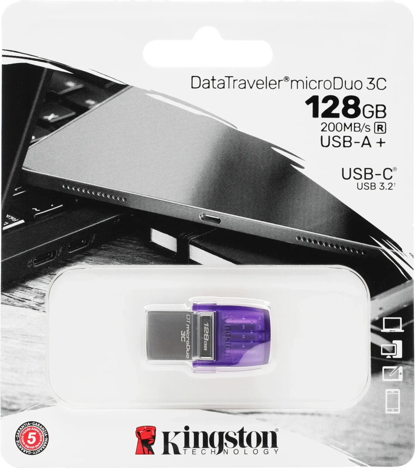 Флеш Диск Kingston 128Gb DataTraveler microDuo 3C DTDUO3CG3/128GB USB3.0 фиолетовый, 128 ГБ - фото 3