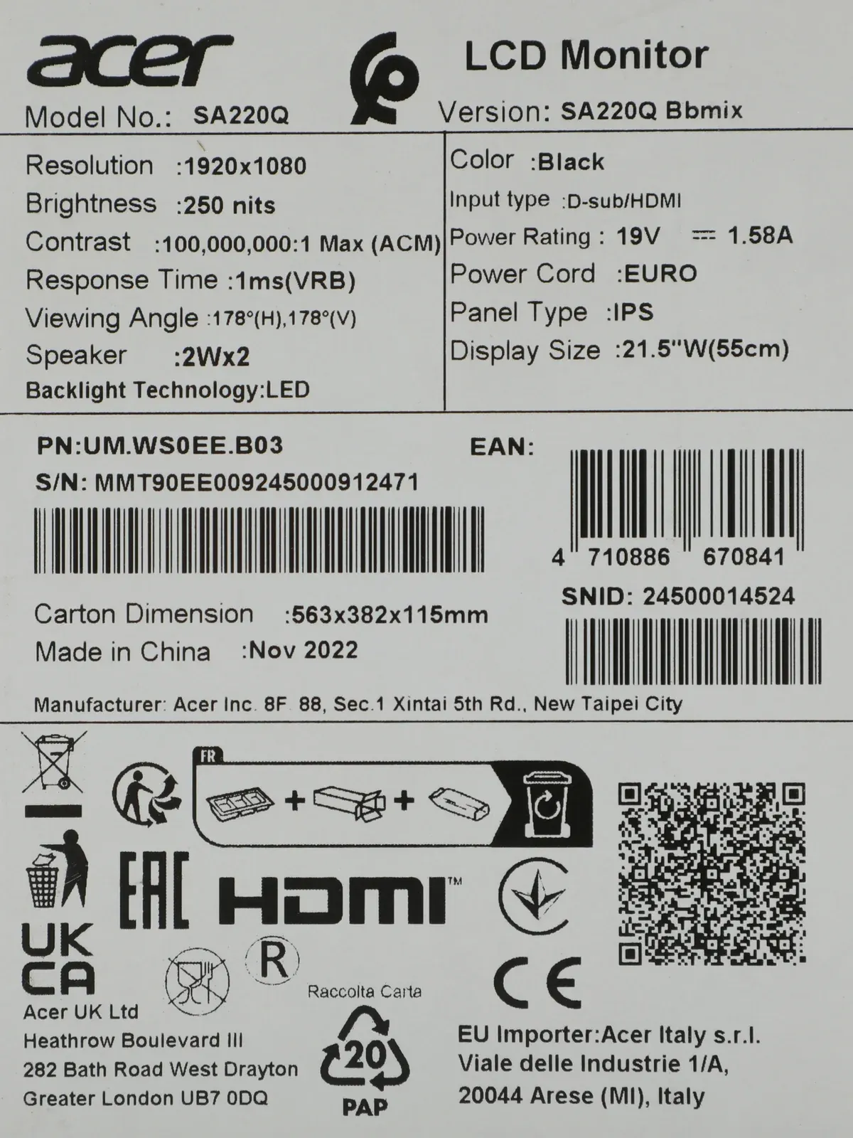 Монитор Acer 21.5 SA220QBbmix черный IPS LED 1ms 16:9 HDMI M/M матовая 1000:1 250cd 178гр/178гр 1920x1080 75Hz FreeSync VGA FHD 2.48кг - фото 7