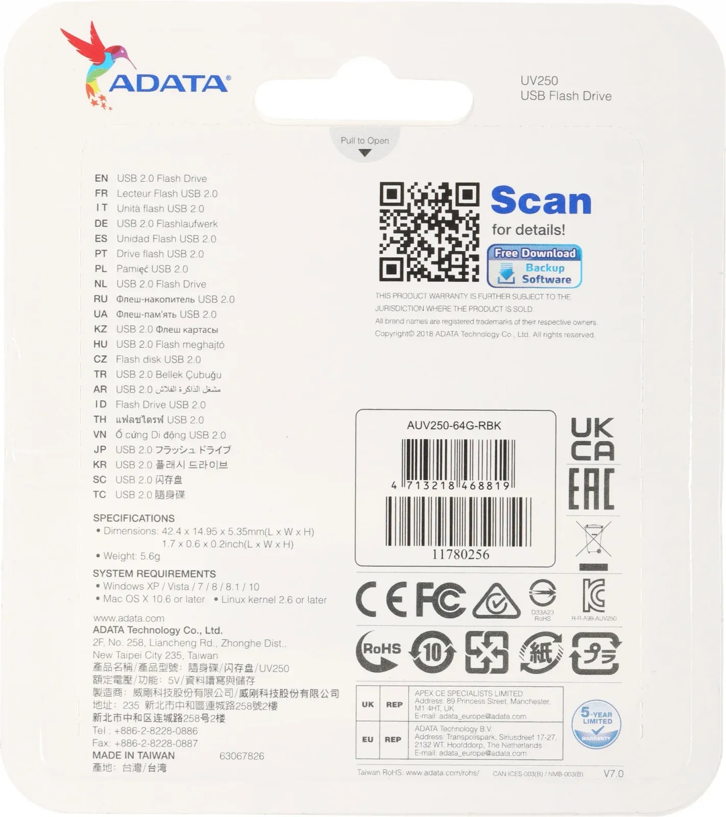 Флеш Диск A-Data 64Gb UV250 AUV250-64G-RBK USB2.0 серебристый, 64 ГБ - фото 4
