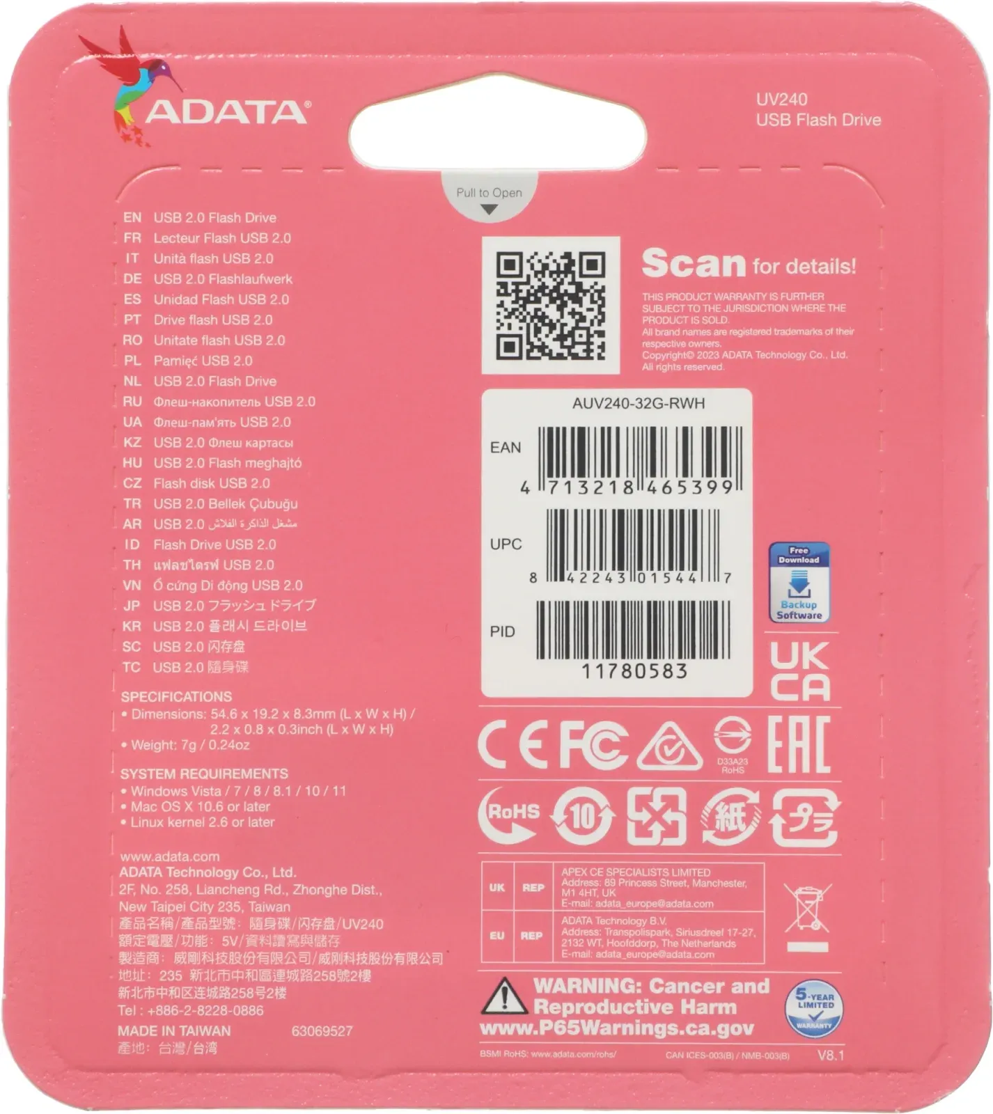Флеш Диск A-Data 32Gb UV240 AUV240-32G-RWH USB2.0 белый/голубой, 32 ГБ - фото 5