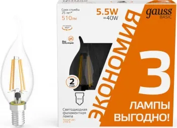 Лампа светодиодная Gauss Basic 1041116T 5.5Вт цок.:E14 свеча 220B св.свеч.бел.теп. упак.:3шт - фото 3