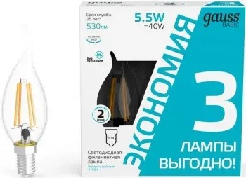Лампа светодиодная Gauss Basic 1041126T 5.5Вт цок.:E14 свеча 220B св.свеч.бел.нейт. упак.:3шт - фото 3