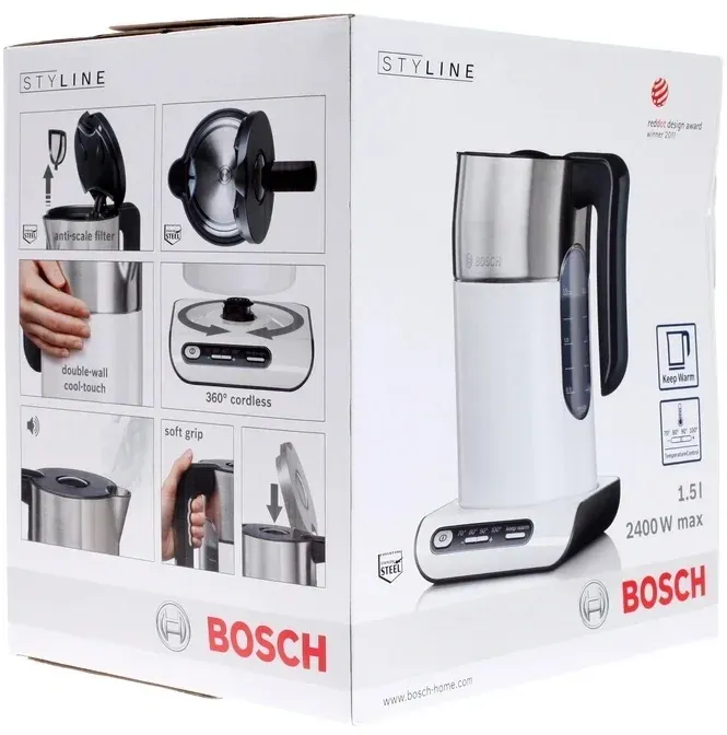 Чайник электрический Bosch TWK8611P 1.5л. 2400Вт белый/серебристый корпус: пластик/металл - фото 8