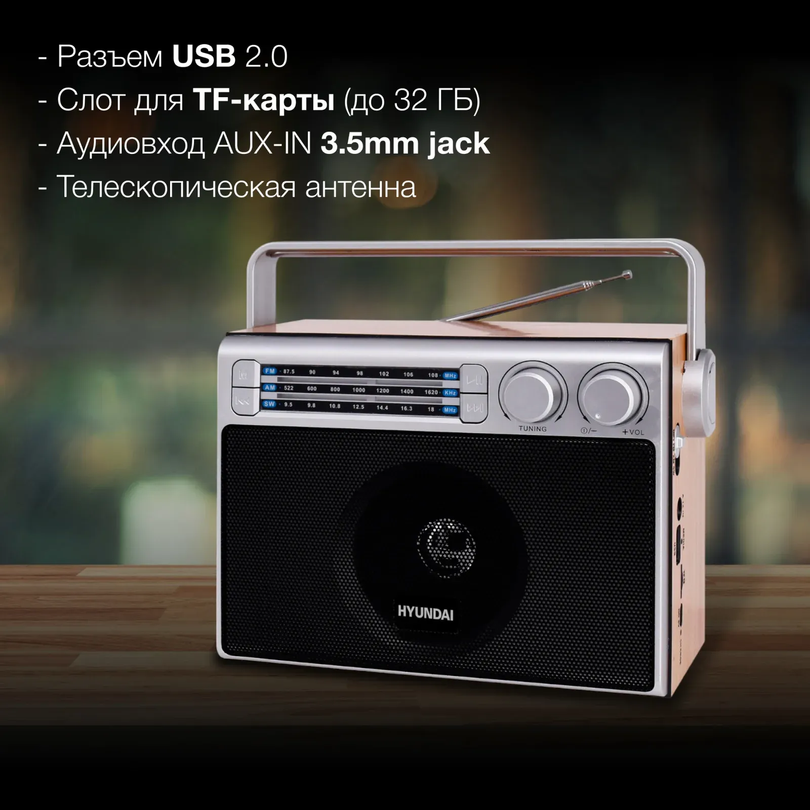 Радиоприемник настольный Hyundai H-SRS105 коричневый USB SD/microSD - фото 3