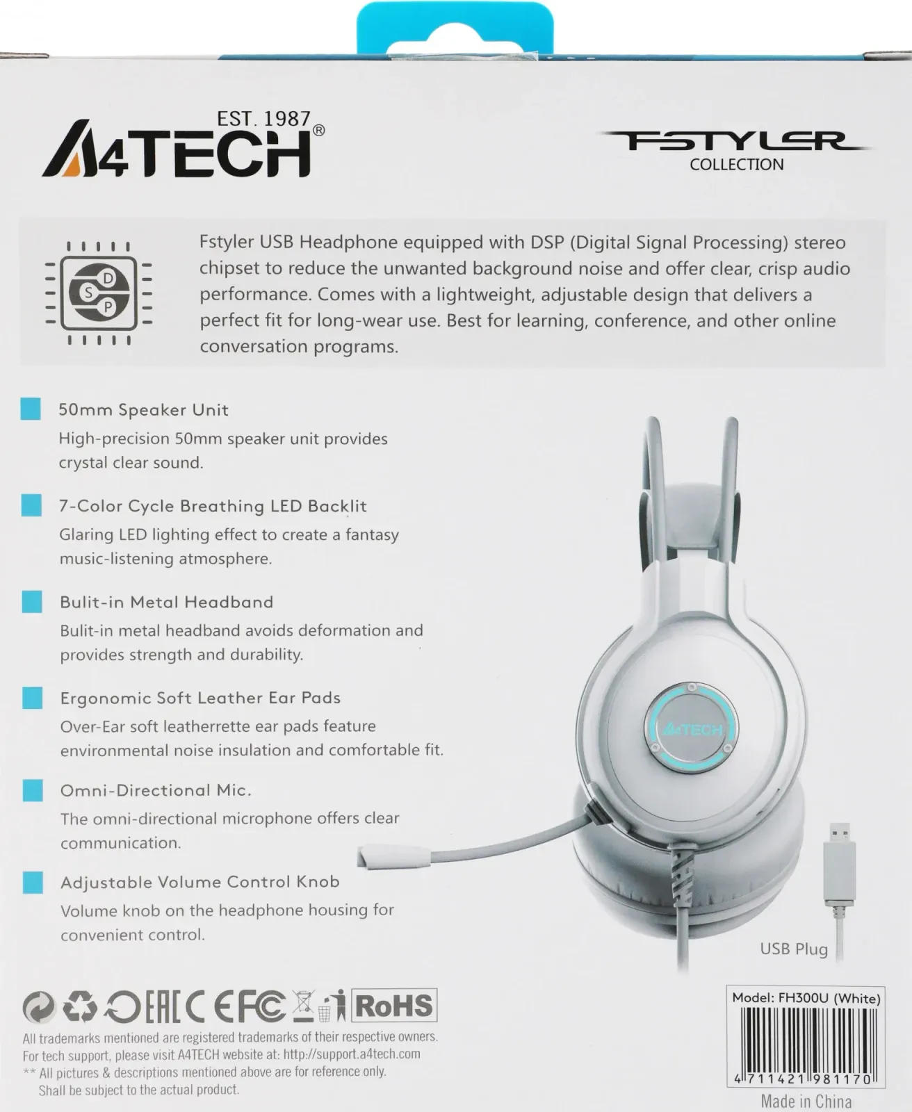 Наушники с микрофоном A4Tech Fstyler FH300U белый 2м мониторные USB оголовье FH300U WHITE - фото 2