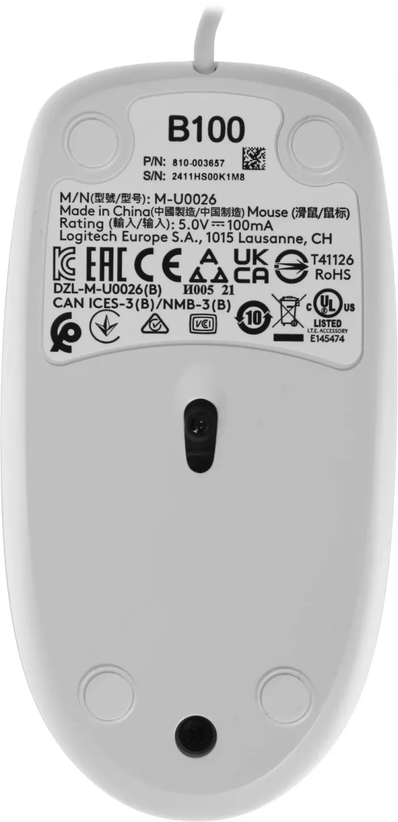 Мышь Logitech B100 белый оптическая 1000dpi USB 2but 910-003360 - фото 4