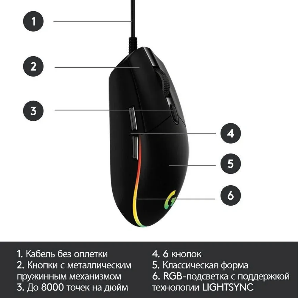 Мышь Logitech G102 LightSync черный оптическая 8000dpi USB 6but 910-005808 - фото 7