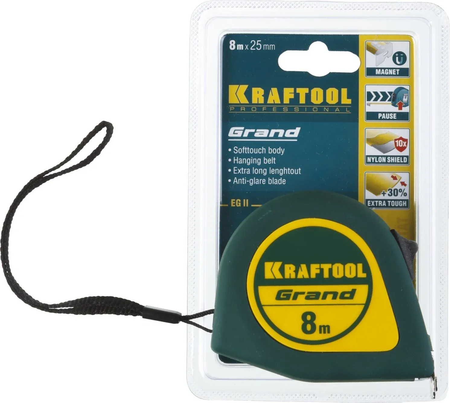 Рулетка строительная Kraftool Grand дл.полотна 8м изм.шкала в см зацеп простой зеленый 34022-08-25 - фото 3