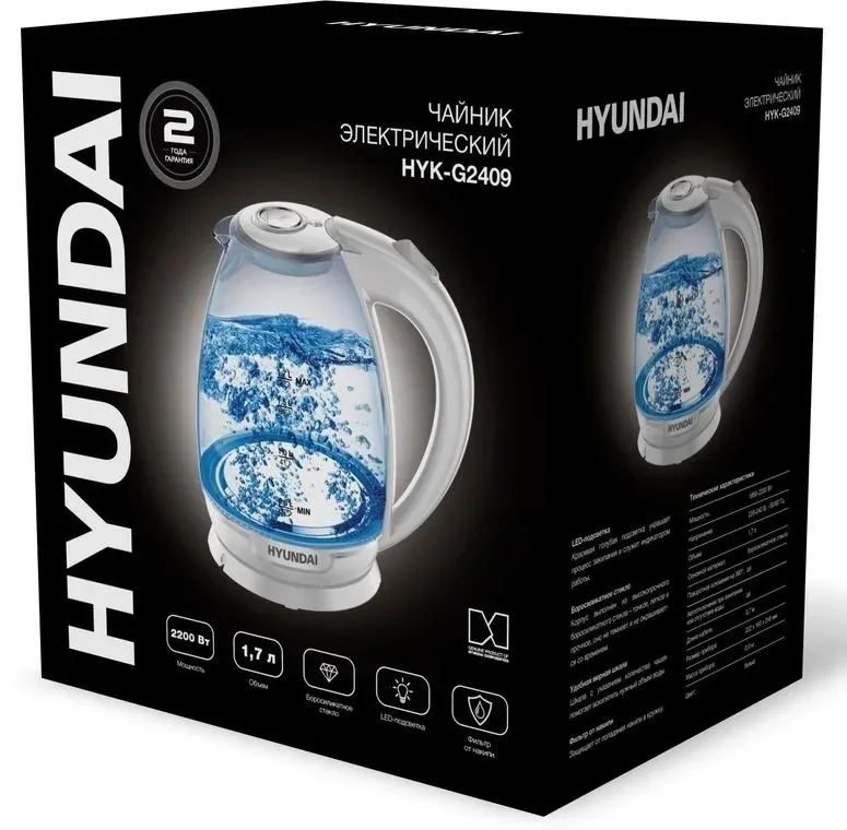 Чайник электрический Hyundai HYK-G2409 1.7л. 2200Вт белый/серебристый корпус: стекло/пластик - фото 2