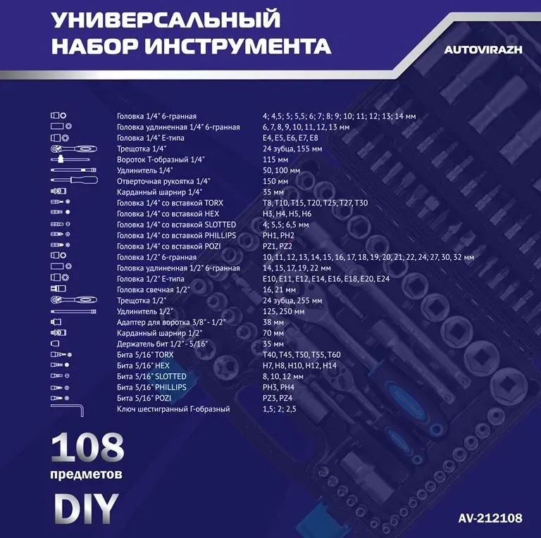 Набор инструментов Autovirazh AV-212108 108 предметов жесткий кейс - фото 4