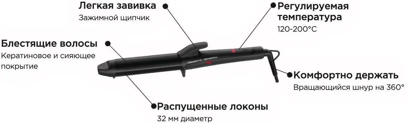 Щипцы Rowenta CF323LF0 черный макс.темп.:200С покрытие:кератин-турмалиновое 1830008509 - фото 2