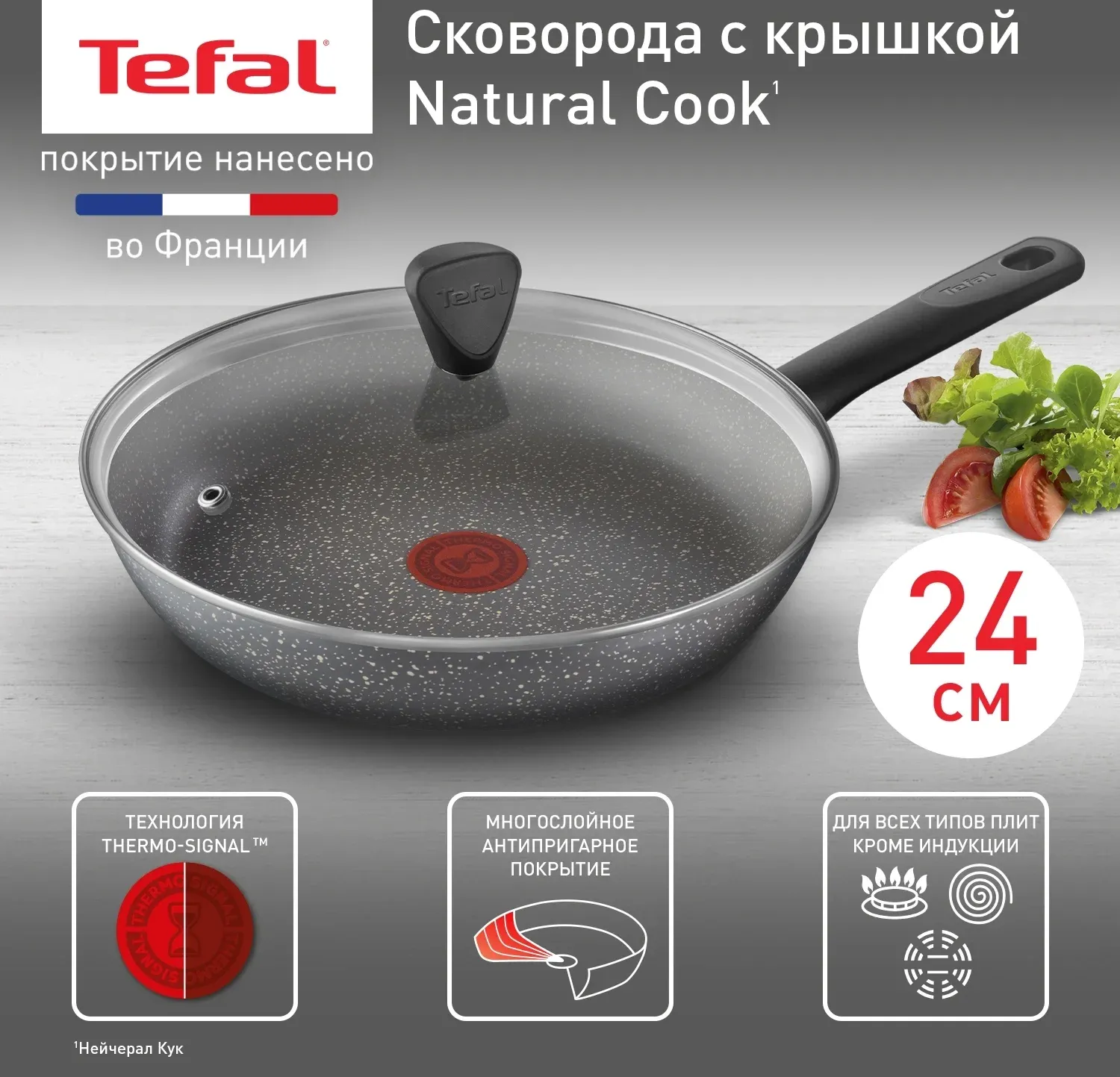 Сковорода Tefal Natural Cook 04234924 круглая 24см ручка несъемная с крышкой серый 9100052848 - фото 2