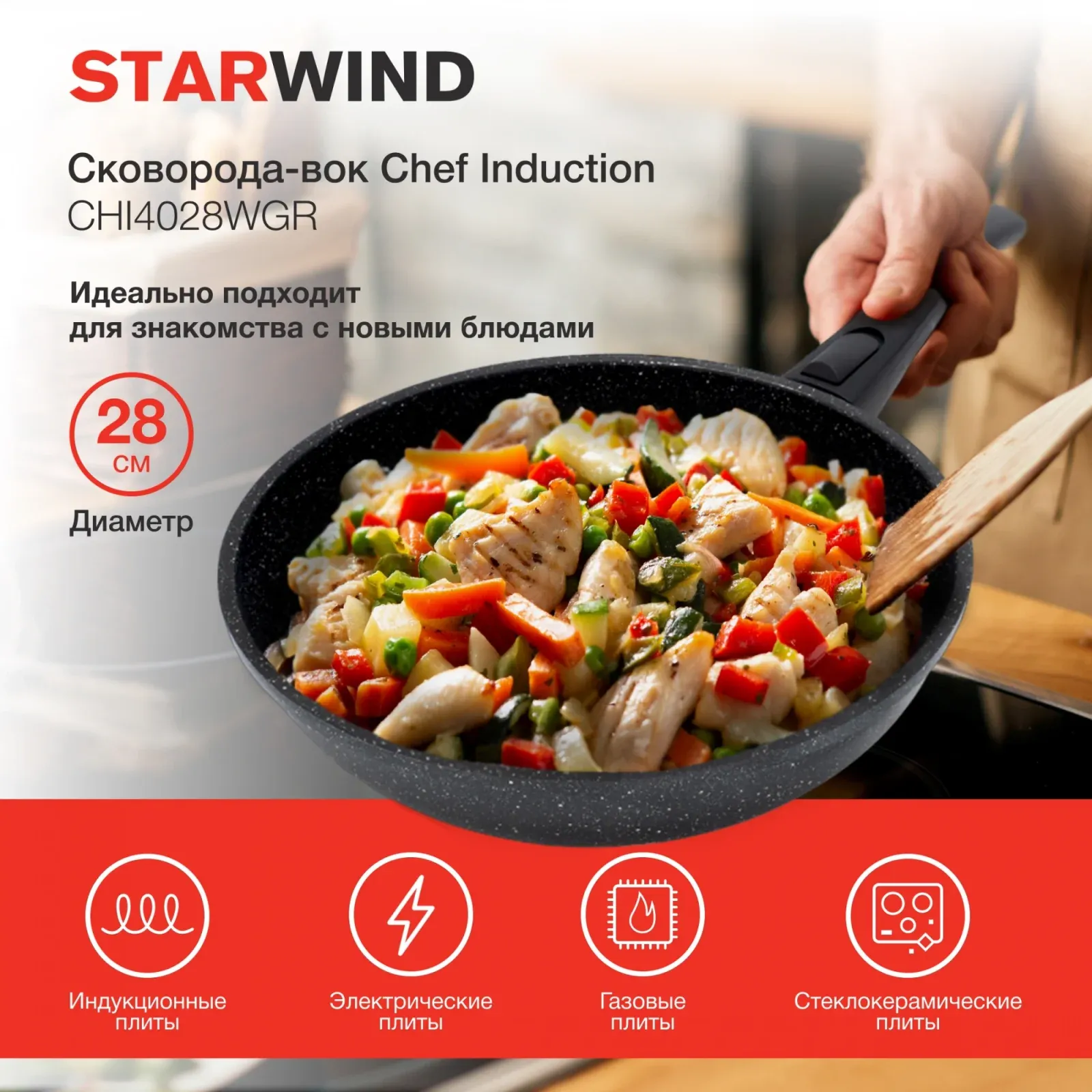 Сковорода ВОК WOK Starwind Chef Induction SW-CHI4028WGR круглая 28см покрытие: Pfluon ручка съемная без крышки серый - фото 2