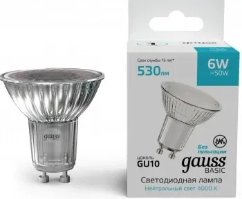 Лампа светодиодная Gauss Basic 10106262 6Вт цок.:GU10 софит 220B св.свеч.бел.нейт. упак.:1шт - фото 7