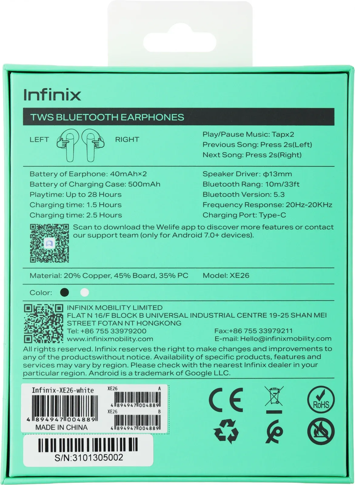 Гарнитура внутриканальные Infinix XBuds XE26 белый беспроводные bluetooth в ушной раковине 10311752 - фото 6