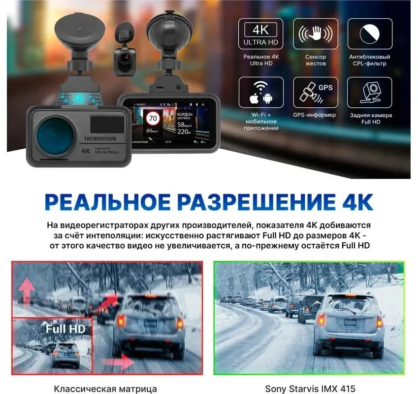 Видеорегистратор TrendVision TDR-725 Real 4K черный 8Mpix 2160x3840 2160p 170гр. GPS NT96670 - фото 4