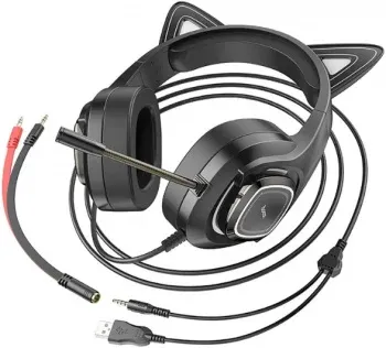 Наушники с микрофоном Hoco W107 Cute cat черный 2м мониторные USB оголовье W107 - фото 6